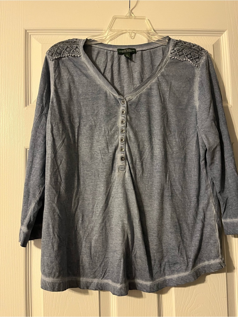 Ralph Lauren Blue V-Neck Henley with Embellished Shoulders